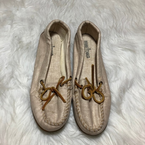 Minnetonka Shoes - Minnetonka  Beige Canvas Loafers Size 7.5